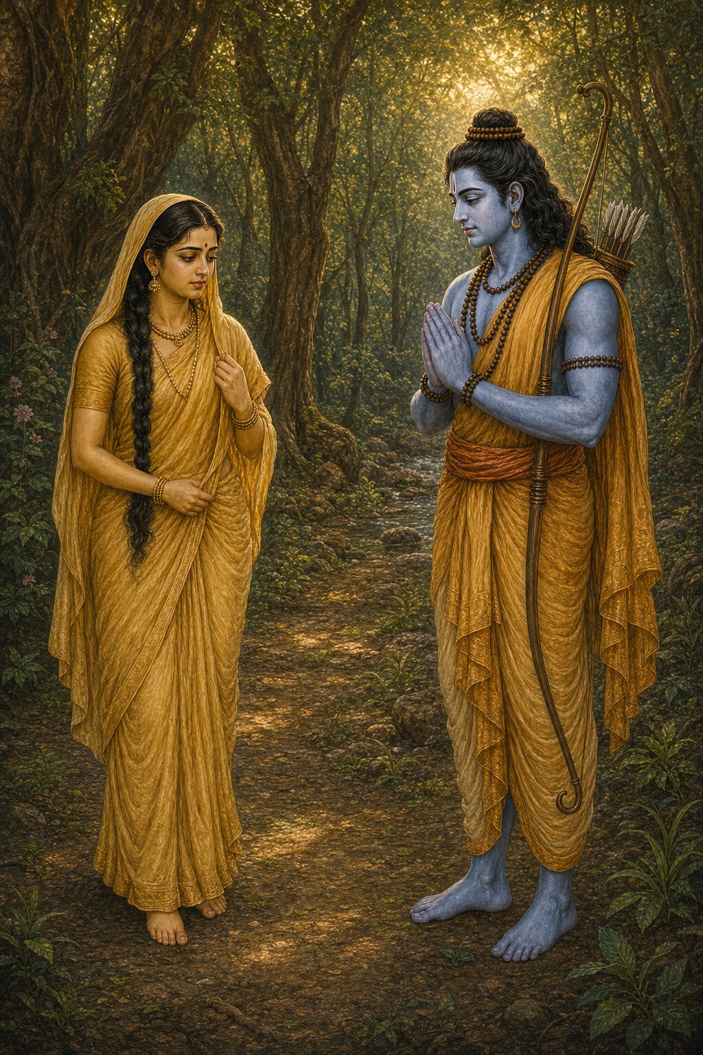 Rama, chanting the name of Shiva, recognizes Sati as she comes before him in Sita's form, and with a smile and folded hands asks where Shambhu is; Sati is left stunned and ashamed.