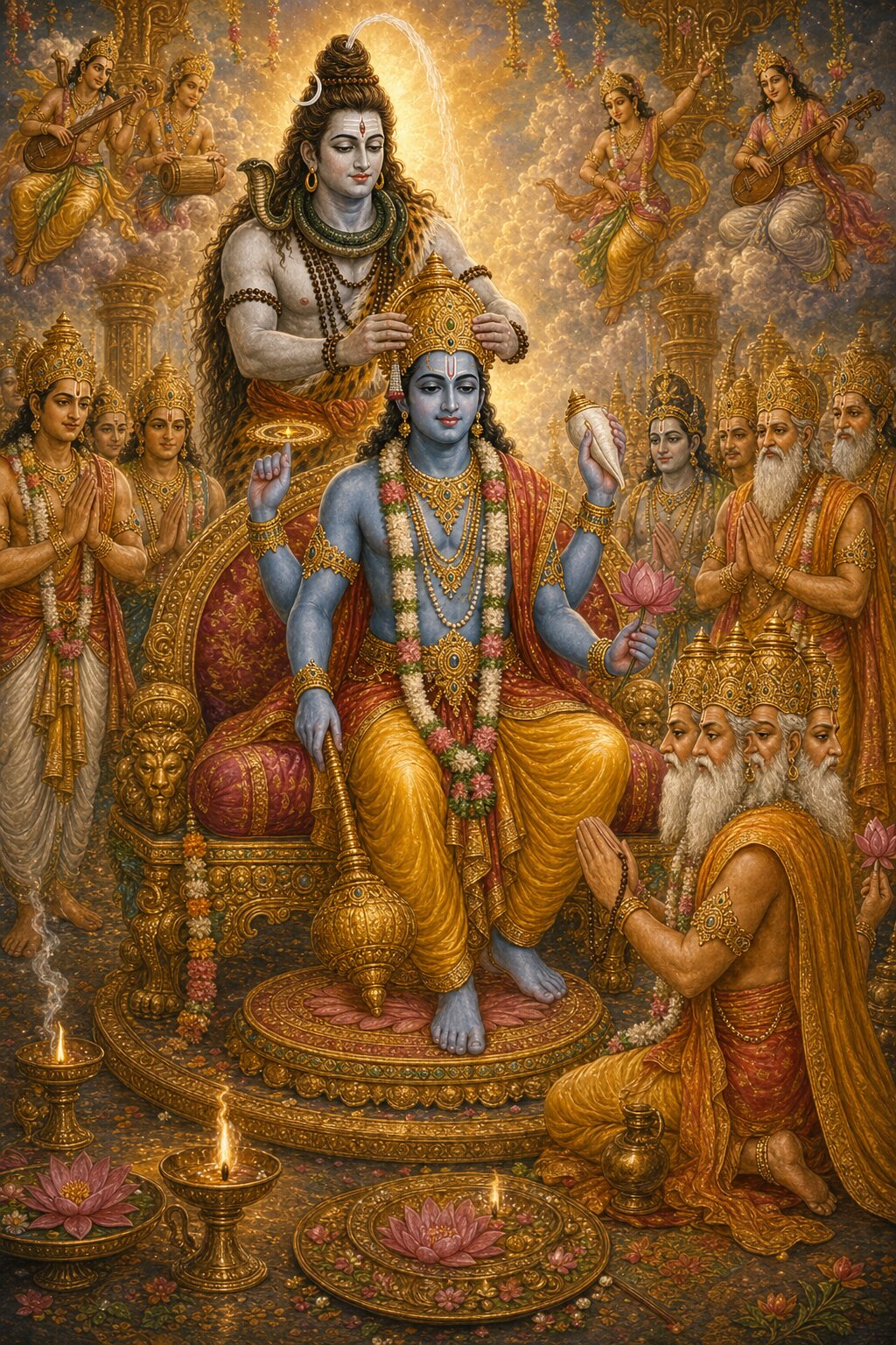 A scene from the story Rama tells: in his radiant abode, Shiva seats the four-armed blue Vishnu on a jeweled throne and consecrates him with his own hands, while Brahma and the gods bow to Hari.