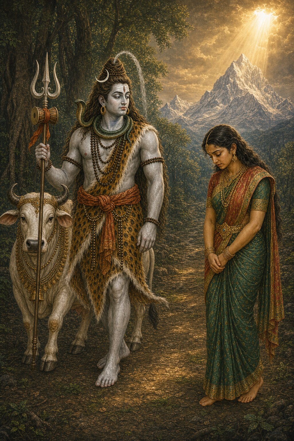 The pale Sati, bowed under the weight of grief, returns to Shiva; Shiva, who through meditation has learned of her Sita-form, grave and withdrawn, turns on Nandi toward distant Kailasa, a shaft of light falling from above.