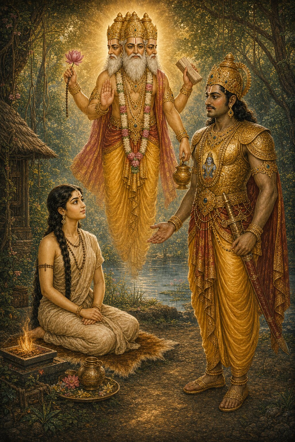 In Pushkar's grove of austerity, before Tulasi absorbed in penance, the handsome crowned danava prince Shankhachuda speaks courteously, while Brahma, appearing in light, blesses their gandharva marriage.