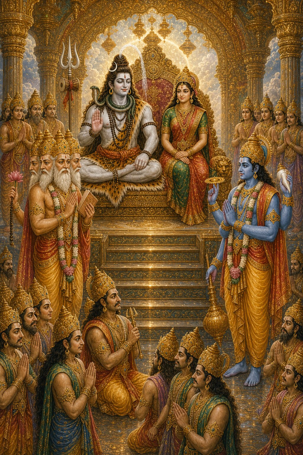 In luminous Shivaloka, before Shankara seated with Uma on a jeweled throne, Brahma, the four-armed Vishnu, and the dispossessed gods pray with folded hands for protection, and Shiva gives his word to slay Shankhachuda.