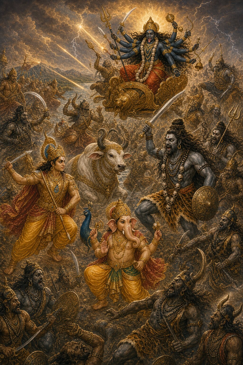 A fierce battle on the bank of the Pushpabhadra river: from her celestial chariot Bhadrakali raises her weapons and roars like a lion, while Shiva's army of Kartikeya and Ganesha, Virabhadra, Nandi, and the Bhairavas clashes with the danava host.
