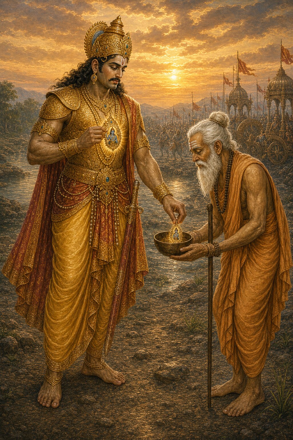 Vishnu, disguised as an old brahmin, asks for alms, and the truth-bound Shankhachuda lifts the radiant Krishna-kavacha from his chest and places it reverently into the beggar's bowl.
