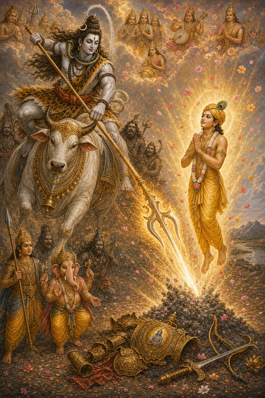 Mounted on Nandi, Shiva looses his wondrous trident, bright as millions of suns; Shankhachuda's body turns to ash, and from it his divine soul rises in the form of a cowherd with folded hands, as flowers rain down from above.