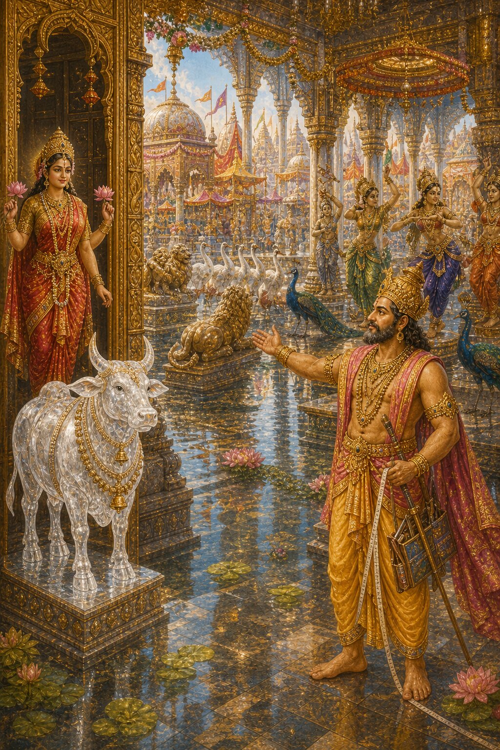 Vishvakarma's wondrous pavilion, its floor gleaming like water so that water and land cannot be told apart; inside, seemingly living lions, cranes, peacocks, and dancing women, and at the gateway the crystal Nandi and Mahalakshmi.