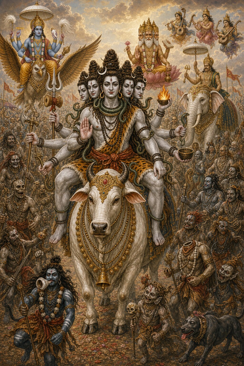 The fearsome procession: Shiva, with five faces, ten arms, matted hair, the moon, and serpents, riding Nandi; all around him the many-formed, many-armed hosts and the ghosts and goblins; behind, Vishnu on Garuda, Brahma, Indra on Airavata, and the gandharvas.