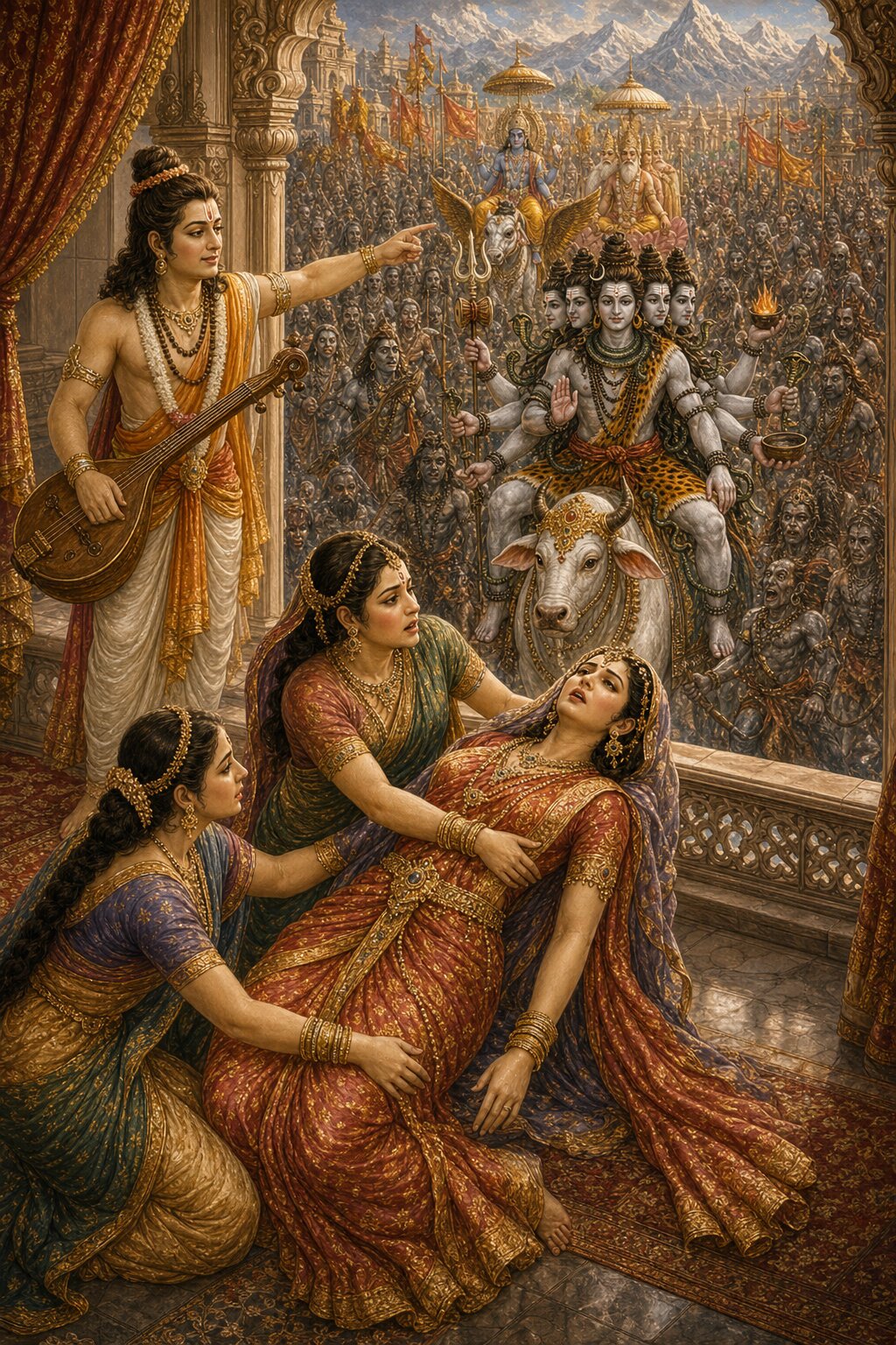 From a high lattice window Narada, holding his vina, points out the five-faced Shiva standing among the terrifying hosts as the bridegroom, and at the sight the fainting Mena falls like a severed creeper while her handmaids catch her.