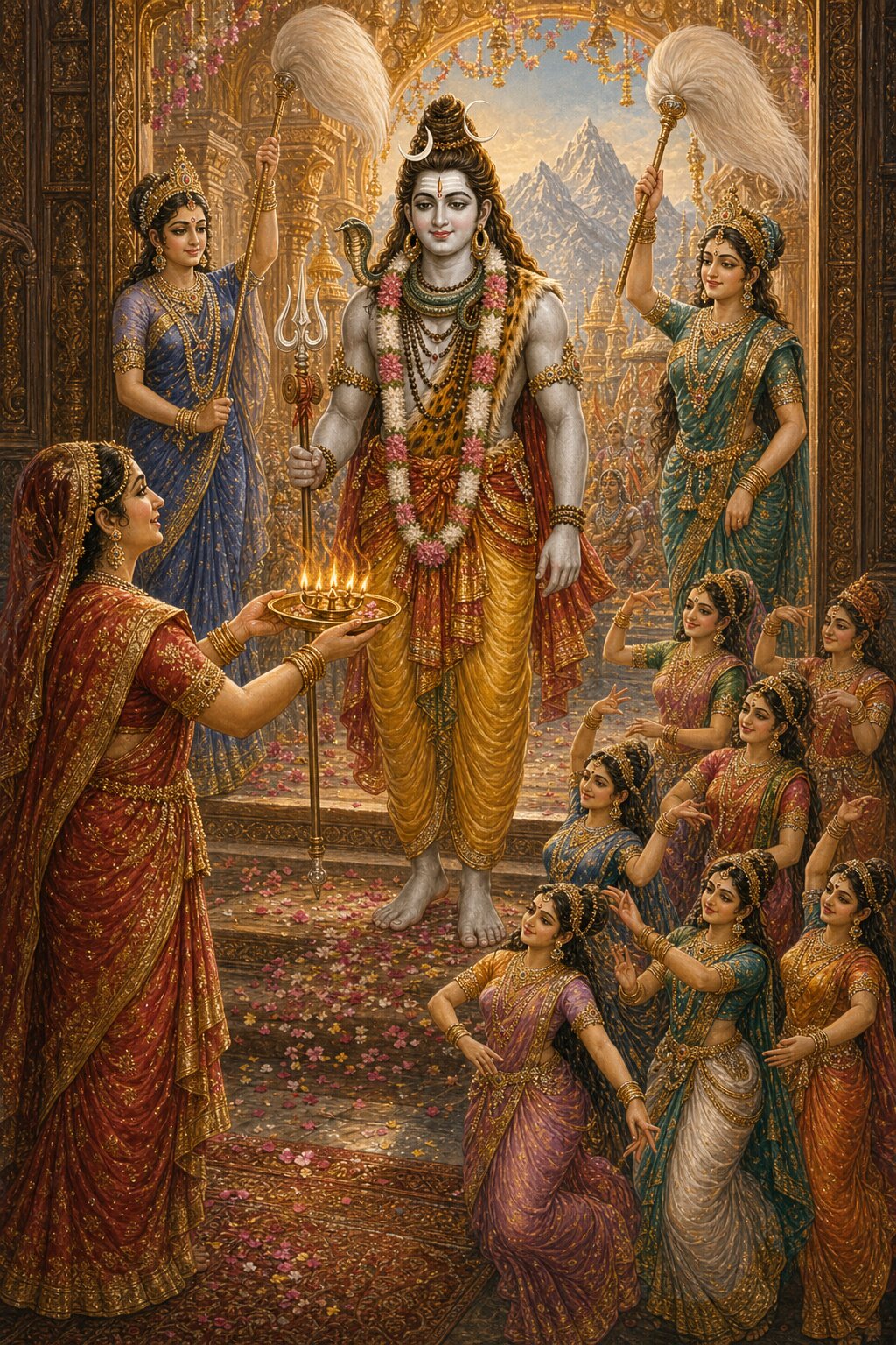 Now Shiva stands in a supremely beautiful, adorned form; Ganga and Yamuna wave the whisks, the eight siddhis dance, and at the gateway an astonished, delighted Mena, holding the lamp of welcome, receives her son-in-law.