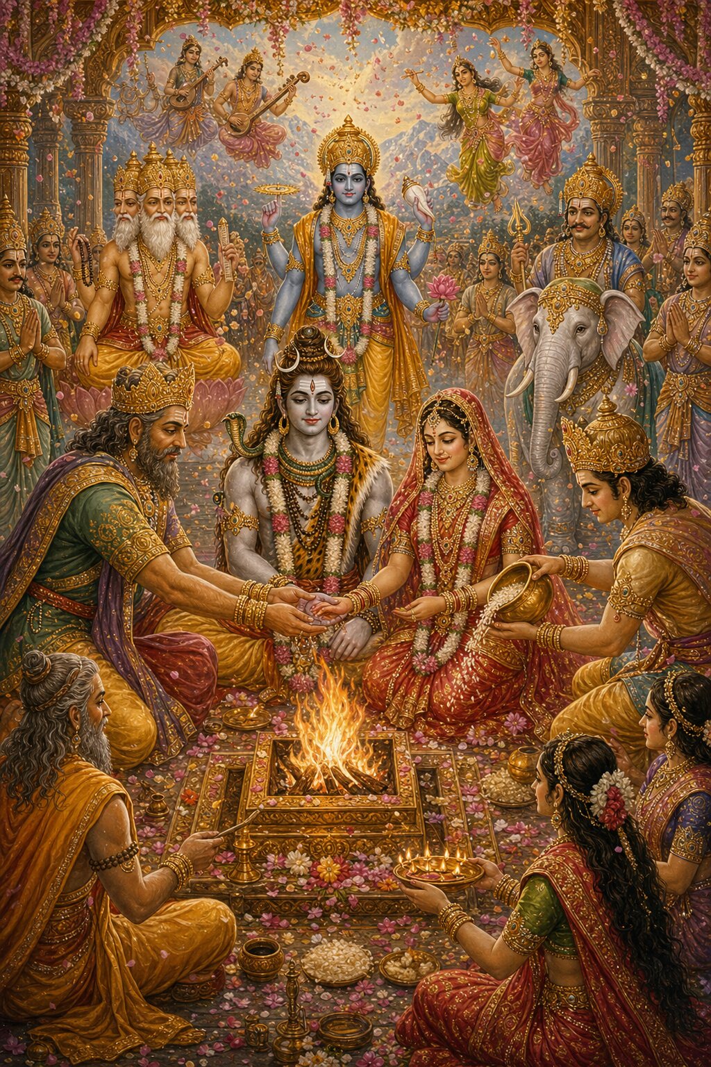 Beside the fire-altar sit the adorned Shiva and the golden-limbed Parvati; Himavan gives Parvati's hand to Shiva in the marriage rite, Mainaka pours parched grain into his sister's cupped hands, and Brahma, Vishnu, and the gods look on.