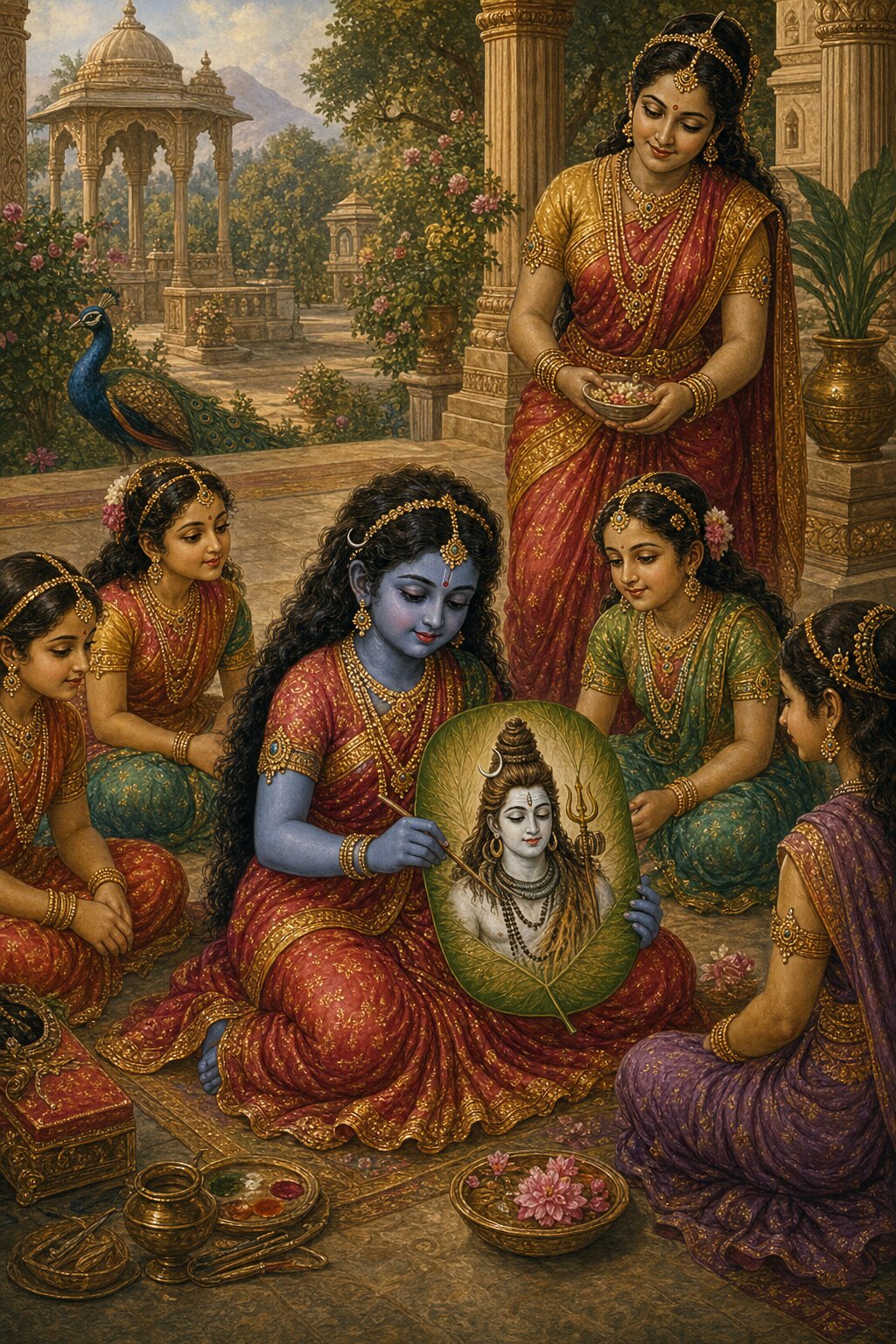 In Daksha's courtyard, seated among her playmates, the little dark-skinned Sati forgets her games and draws Shiva's image on a leaf-tablet while chanting his names, a tender nurse close beside her.