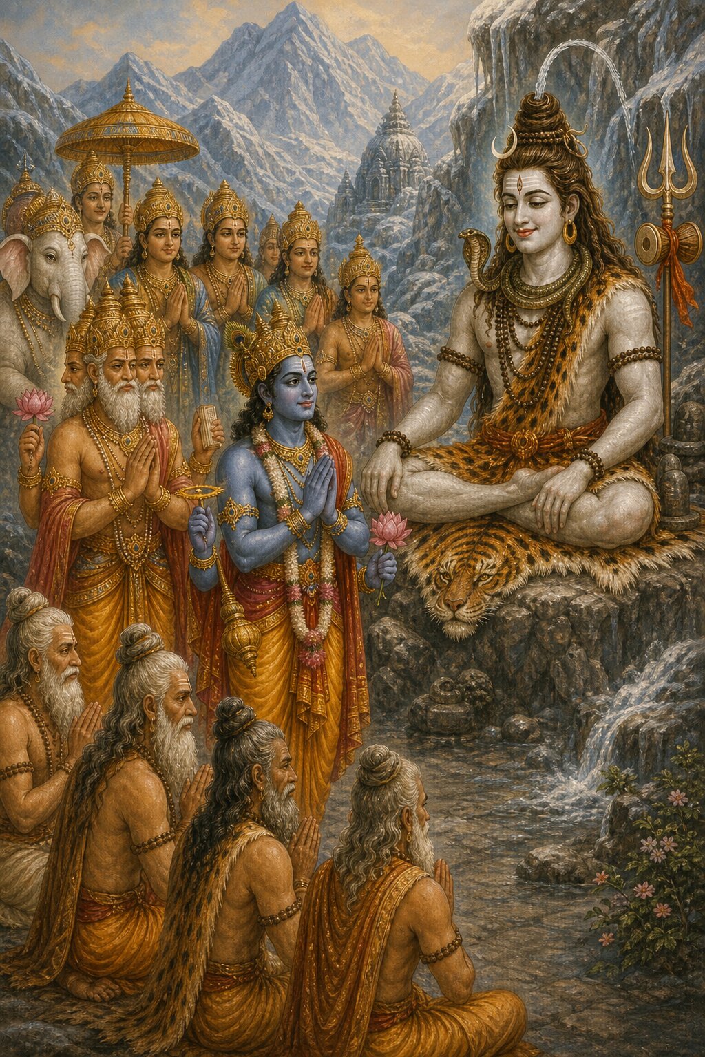 On Kailash, Brahma, the four-armed blue Vishnu, and the gods and rishis fold their hands and beseech Shiva to marry for the welfare of the worlds, and Shiva, pleased, smiles gently.