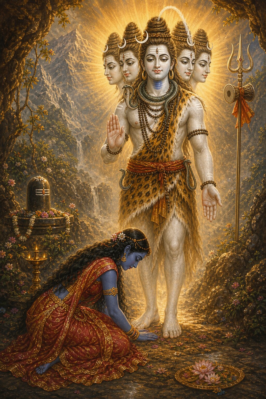 To Sati, absorbed in the meditation of the Nanda-vrata, Shiva grants darshan in his five-faced, three-eyed form, the moon in his matted locks and his throat blue, holding the gestures of boon and fearlessness, while Sati bends at his feet in shyness.