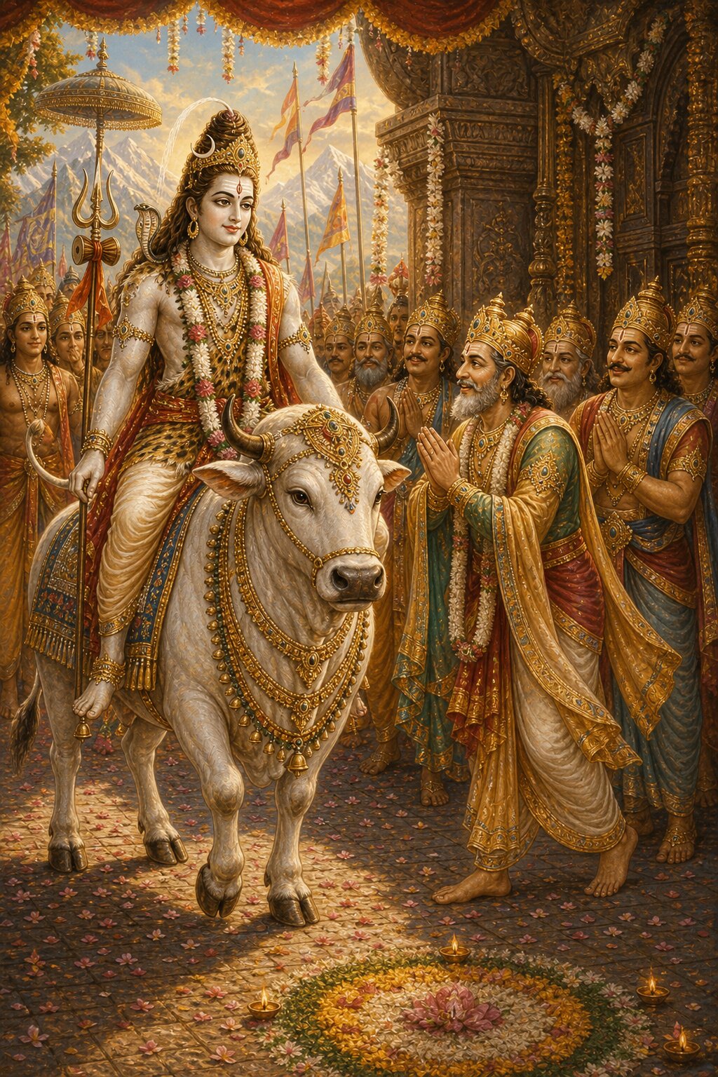 On the thirteenth of the bright half of Chaitra, Shiva, adorned as a bridegroom, arrives at Daksha's gate on Nandi, and a thrilled, humble Daksha comes out with his kinsfolk to receive him and circle him in reverence.