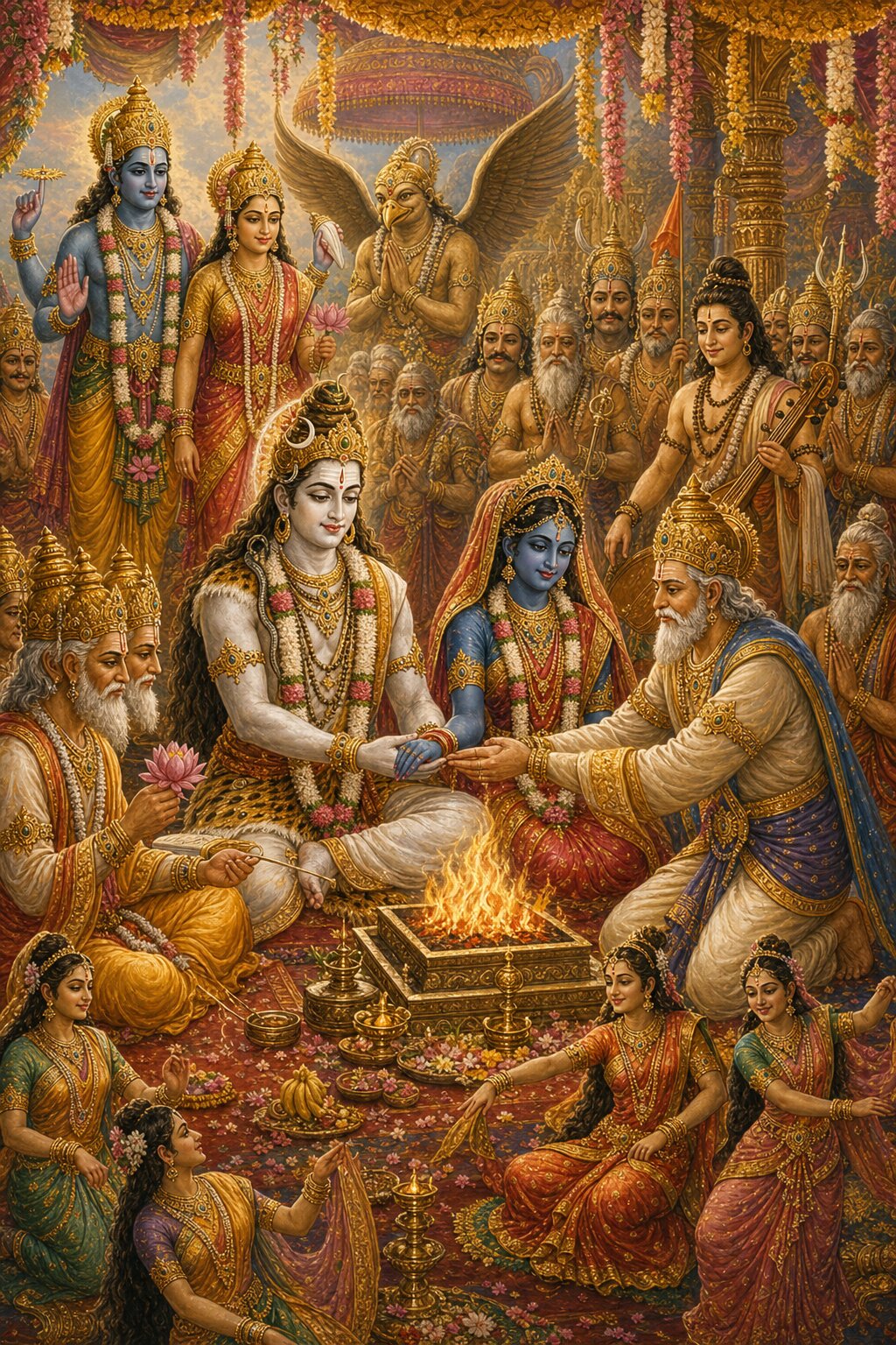 Beside the fire-altar sit the fair bridegroom Shiva and the dark bride Sati; Daksha, in the giving of his daughter, places Sati's hand in Shiva's, Brahma serves as officiating acharya, Vishnu is present with Lakshmi, and the fire blazes.