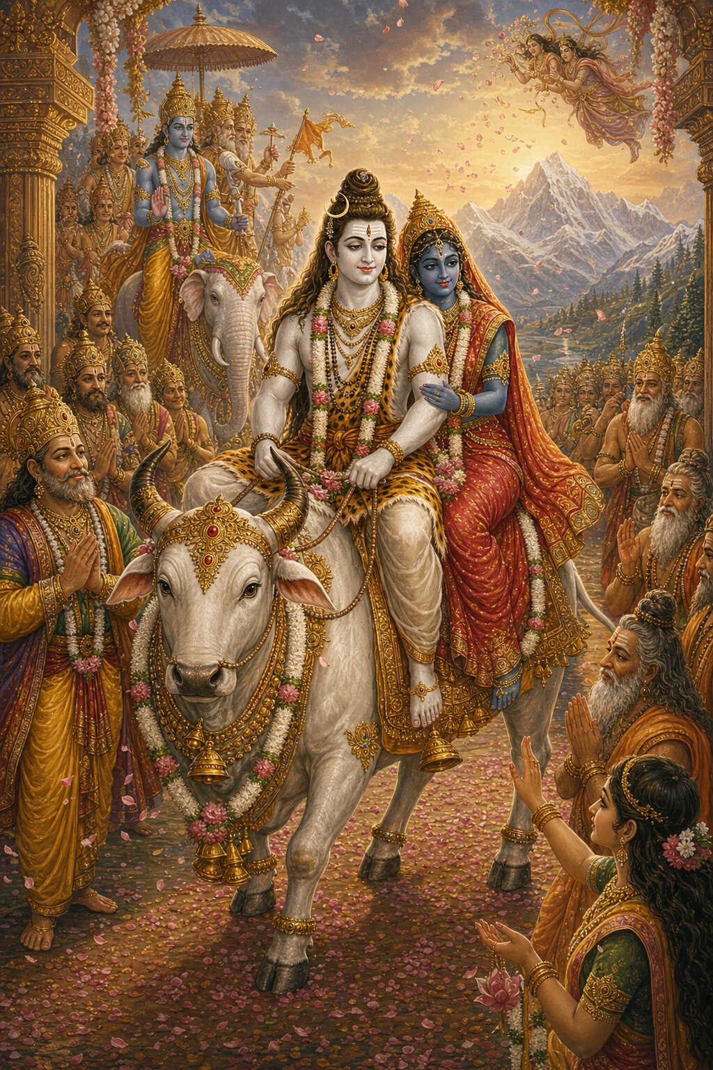 Shiva, seating the sweetly smiling dark Sati on Nandi's back and mounting himself, travels toward the Himalaya; beside the fair Shiva the dark bride shines like a line of blue upon the moon, and the gods watch in wonder.