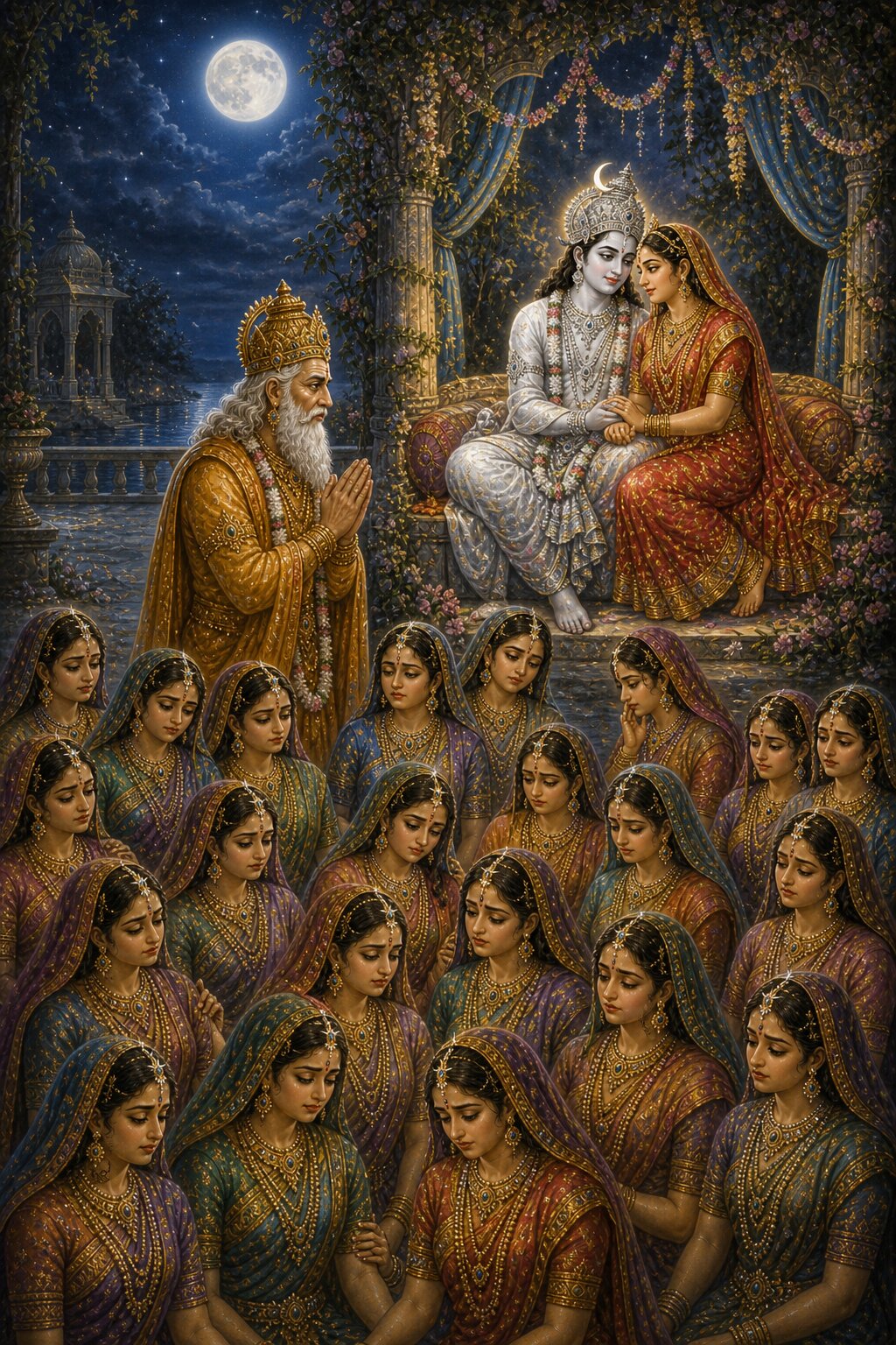 In a moonlit bower Chandra sits absorbed in his beloved Rohini alone, the twenty-six neglected sisters standing sorrowfully apart in shadow, and a grave, grieving Daksha come with folded hands to counsel him.