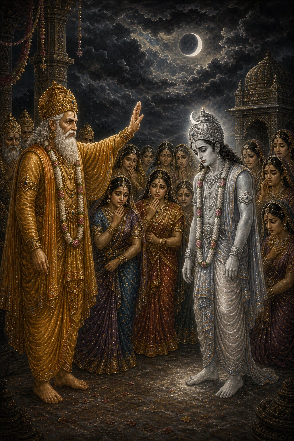His patience gone, Daksha raises his hand and lays the curse of the wasting disease on Chandra; the milk-white moon's luster begins to fade and his body to shrink, and darkness spreads across the sky.