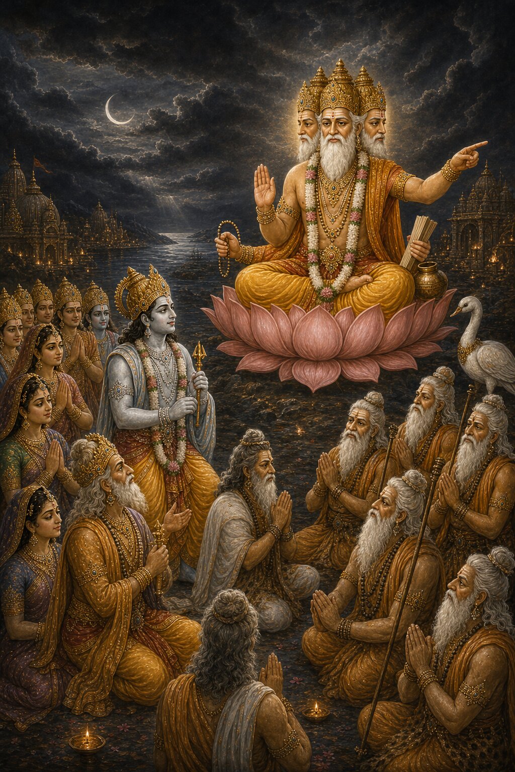 In a world sunk in darkness by the dwindling moon, Indra and the other gods and Vasishtha and the other sages bow to the four-faced Brahma seated on a lotus, and Brahma, raising a hand in blessing, sends them south toward Prabhasa.