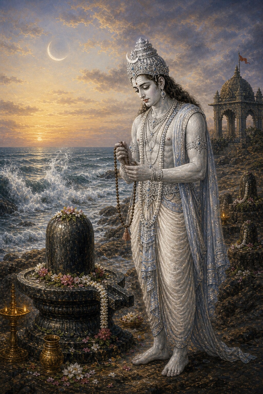 On the sacred shore of Prabhasa, beside the roaring western sea, the ailing Chandra stands in unshakable austerity before the Shivalinga he has installed, a rudraksha rosary in his hand, chanting the Mrityunjaya mantra, while a thin crescent and the soft glow of sunset hang in the sky.