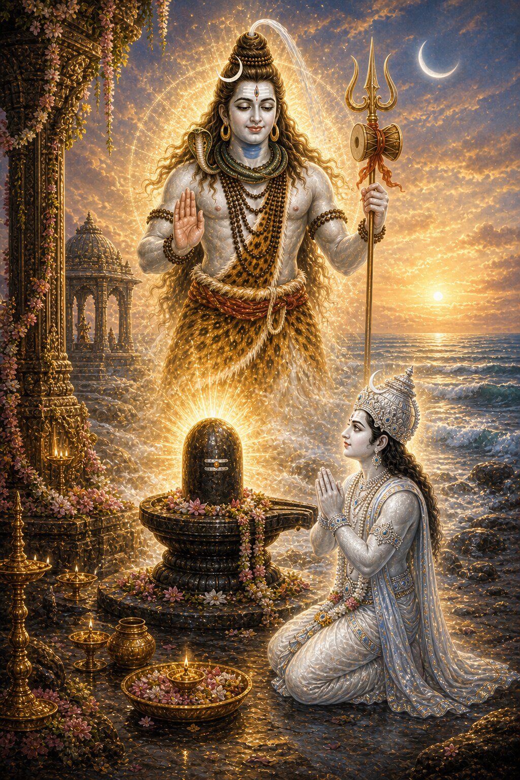 Mahadeva Shiva, white with sacred ash and holding his trident, appears in a radiant form above the Shivalinga of Prabhasa and raises a hand that grants fearlessness; at his feet the bowed Chandra, hands folded, has risen to full brightness again, a gentle crescent adorns the clear sky, and the tirtha shines as Somnath.