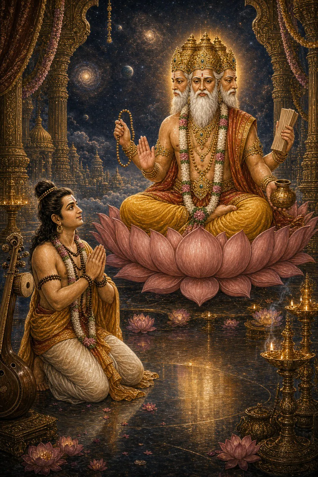 देवर्षि नारद वीणा पास रखकर ब्रह्मलोक में कमल पर विराजमान श्वेत-दाढ़ी वाले चतुर्मुख ब्रह्मा के सामने हाथ जोड़े घुटनों के बल बैठे हैं।