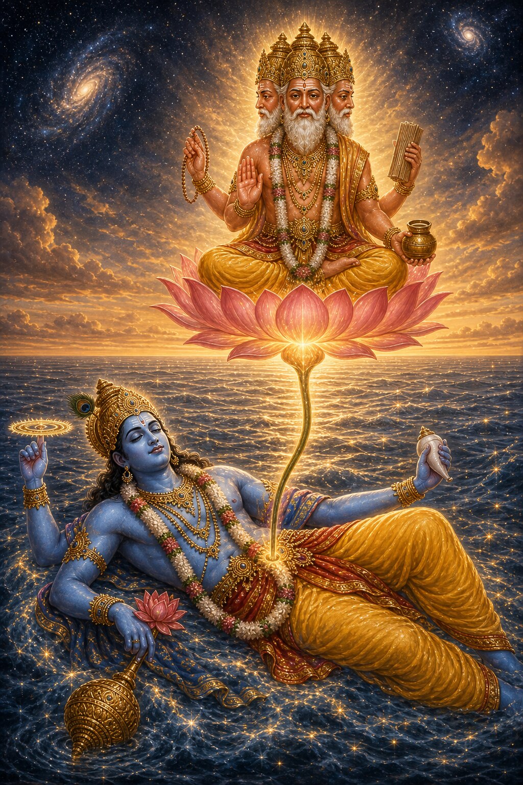 From the navel of the blue, four-armed Narayana, who sleeps upon the star-filled blue causal water, a vast and shining lotus has grown, and upon it the red, four-faced Brahma has appeared and looks about in every direction in astonishment.