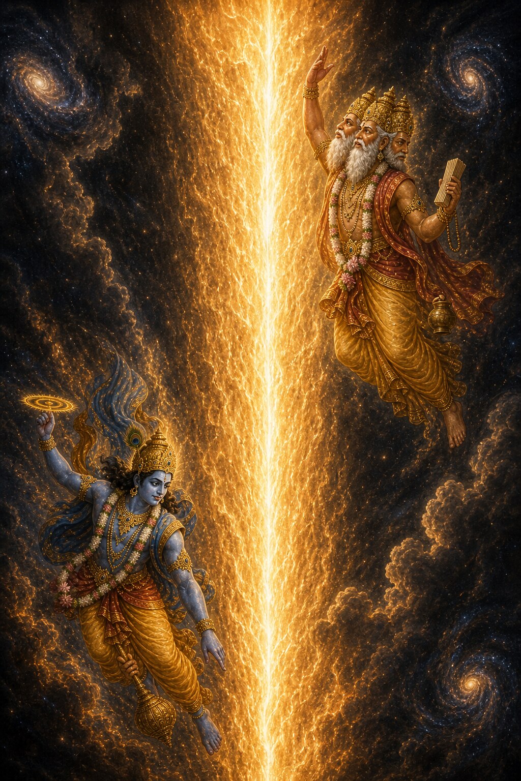 Between the two gods, a vast pillar of fire made of light, without beginning or end, stretches up to the sky and down to the netherworld. The red, four-faced Brahma flies upward to search for its top, and the blue, four-armed Vishnu descends toward its base.