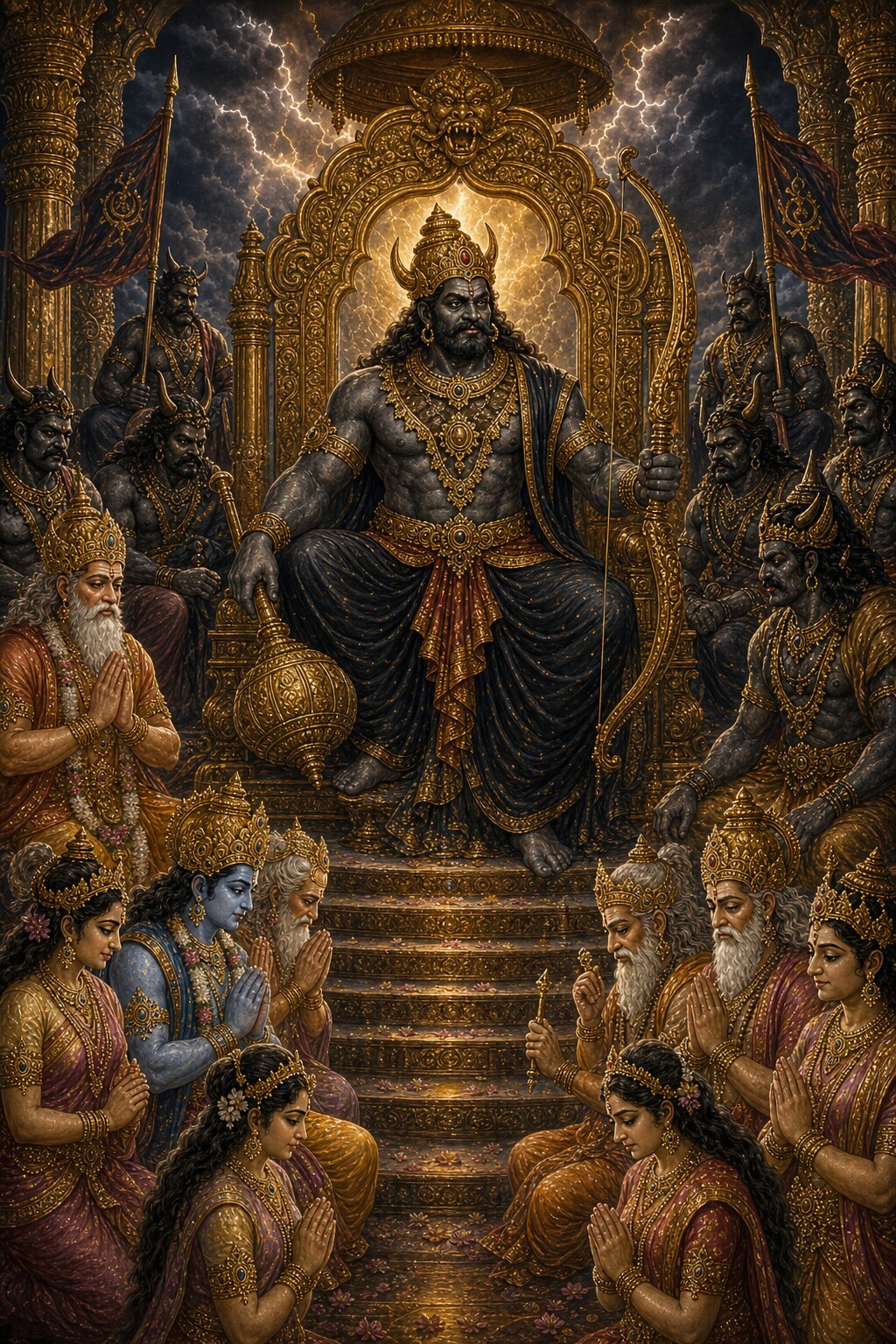 Tarakasura, dark and vast of body and wearing a golden crown, sits upon Indra's divine throne, a bow in one hand and a golden mace laid beside him; demons are seated all around, while the deposed gods and celestial beings stand with heads bowed and hands folded.