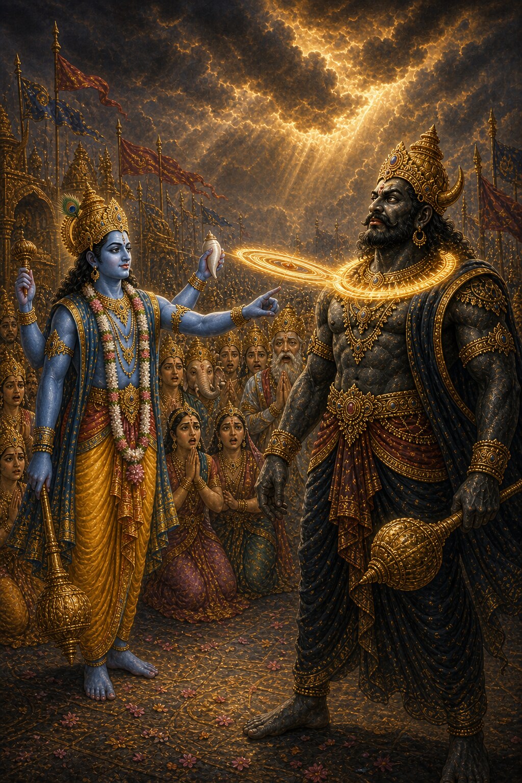 The blazing Sudarshana discus, loosed by the blue-hued, four-armed Vishnu, has reached Tarakasura's throat and hangs there useless like a garland of flowers; the demon stands unafraid, and the faces of the watching gods sink in despair.