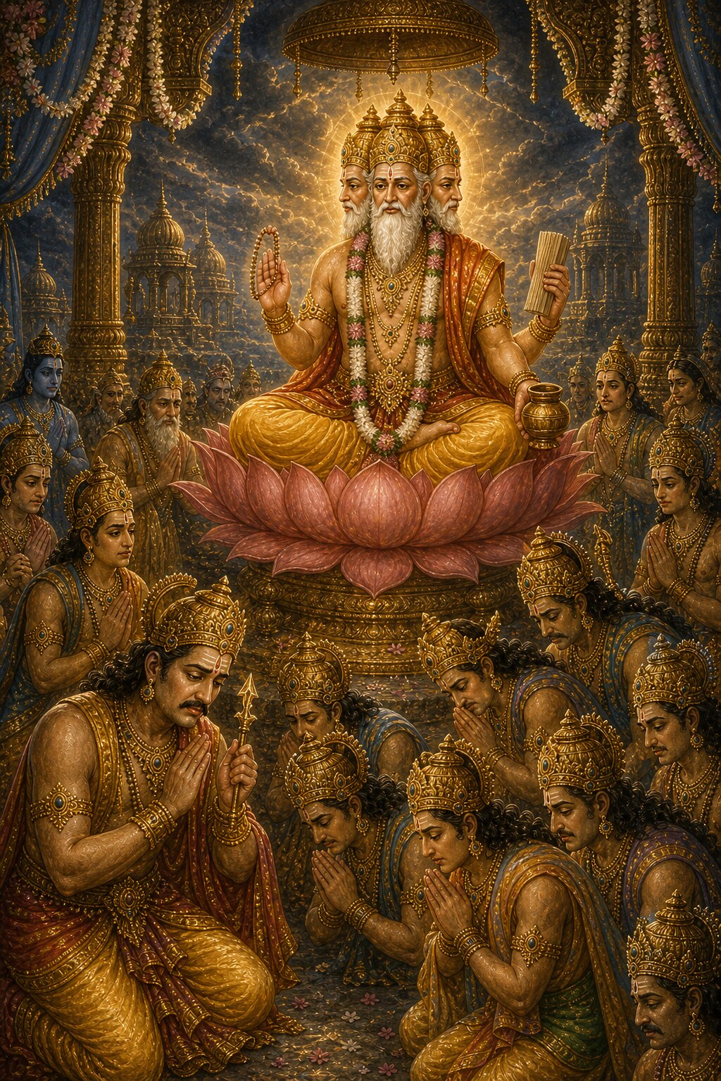 Indra and the anguished gods bow with folded hands before the four-faced, white-bearded Brahma seated upon a lotus, laying their sorrow before him, while the grandfather, grave in bearing, raises a hand to point them toward a remedy.