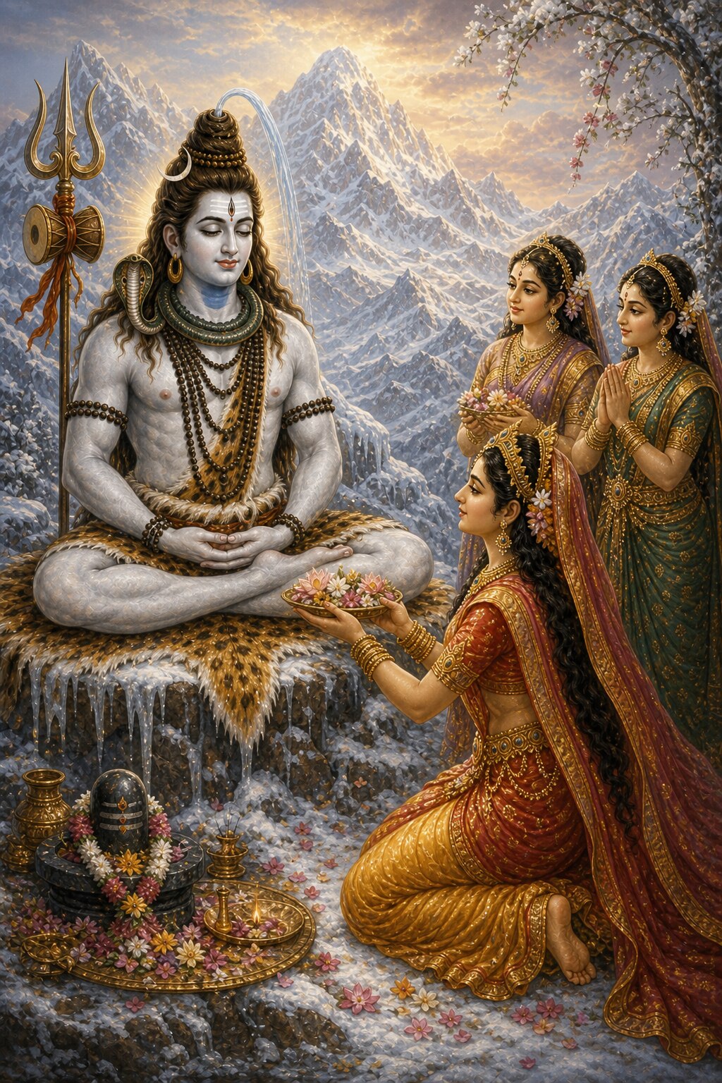 On a snow-covered mountain, Shiva sits motionless in deep meditation, pale with sacred ash; before him the golden-hued young Parvati, with her two companions, offers a tray of flowers in reverence, and still the lord of yogis does not so much as turn his gaze toward her.