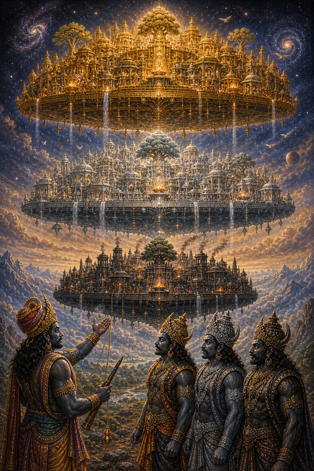 Maya, the danava craftsman, holding a measuring cord, presents three vast cities of gold, silver, and iron floating one above the other in the sky, while the three crowned asura brothers gaze upon their empire of the heavens.
