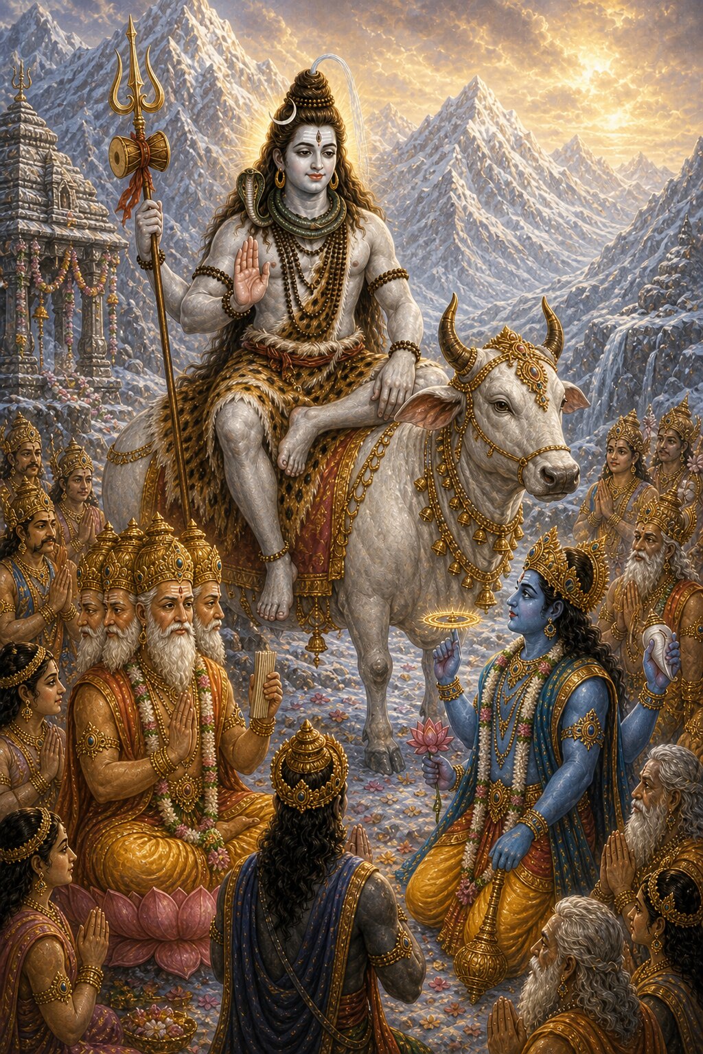 On snow-white Kailasa, Shiva, pale with ash, seated upon the white bull Nandi, raises a hand in blessing, while four-faced Brahma, blue and four-armed Vishnu, and the host of gods pray with folded hands for protection from Tripura.
