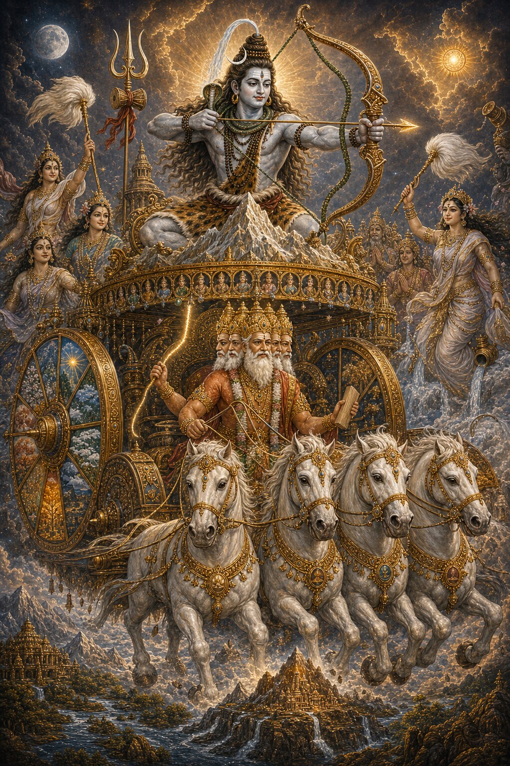 Upon that colossal chariot built from all the gods, Shiva, pale with ash, seated on the peak of Mount Mandara, draws his vast bow, while below him four-faced Brahma holds the reins as charioteer and four white horses that are the Vedas pull the chariot.