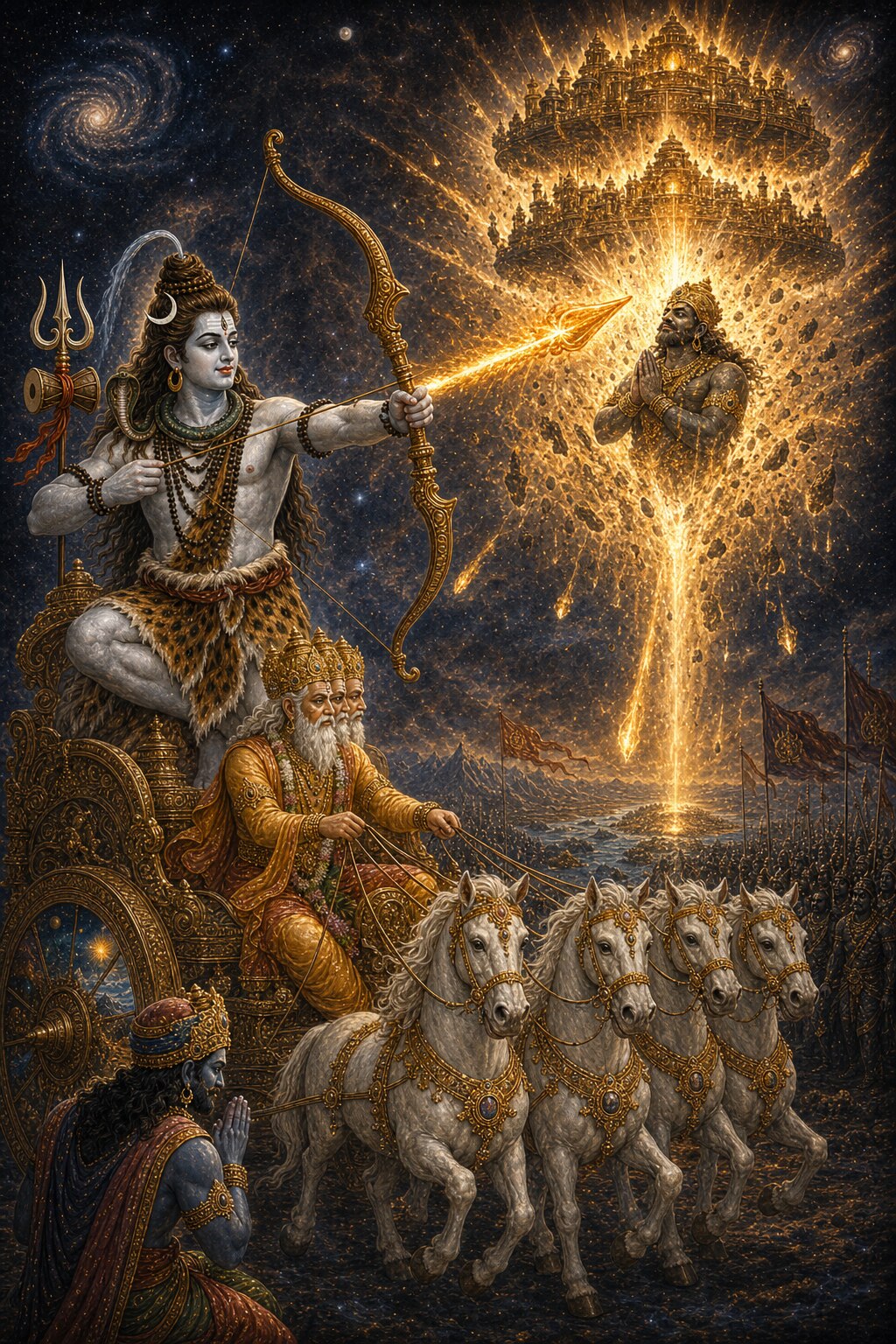 Shiva, pale with ash, standing at the crest of the chariot, looses the single Pashupata arrow blazing like ten million suns; the three cities, now merged into one, burn in golden flame; amid the fire Tarakaksha remembers him with folded hands and a grateful face; and at the foot of the chariot Maya the danava bows his head low.