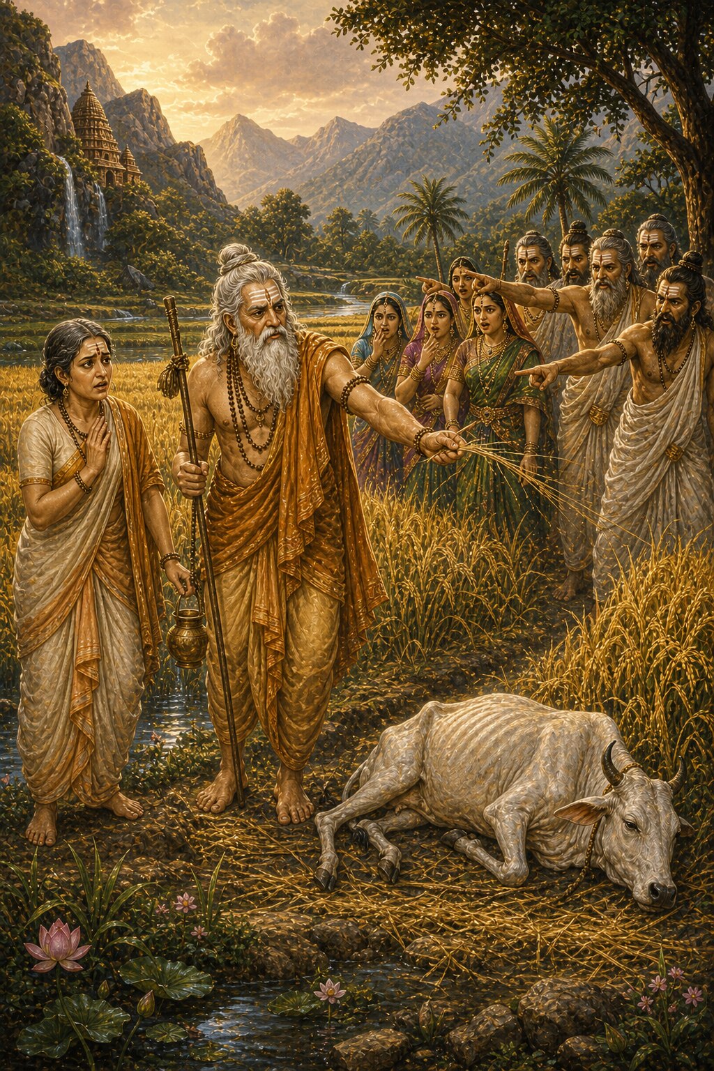 In a field of ripe golden rice the aged sage Gautama shoos a frail cow away with a handful of straw, and the cow collapses to the ground; his wife Ahalya stands nearby in distress, while jealous sages and their wives, hidden behind cover, point their fingers and shout the false charge of cow-slaughter.