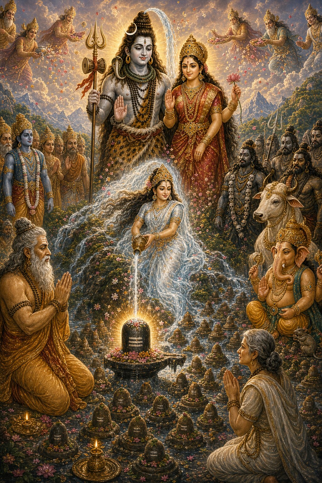 Ash-white Shiva appears with golden Parvati and his ganas; water loosed from his matted locks takes the form of the surpassingly beautiful Ganga and pours over millions of earthen lingas; the radiant Tryambak linga shines, and Gautama and Ahalya bow with folded hands while the gods rain down flowers.