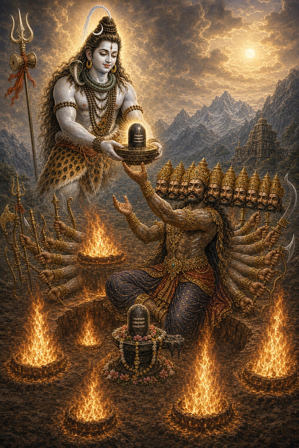Seated in a pit among five blazing fires, the ten-faced and twenty-armed Ravana, smeared with ash, performs severe tapas, while from above the gracious ash-white Shiva places a glowing Shivalinga in his hand with the warning that wherever it is set on the ground it will become fixed there forever.