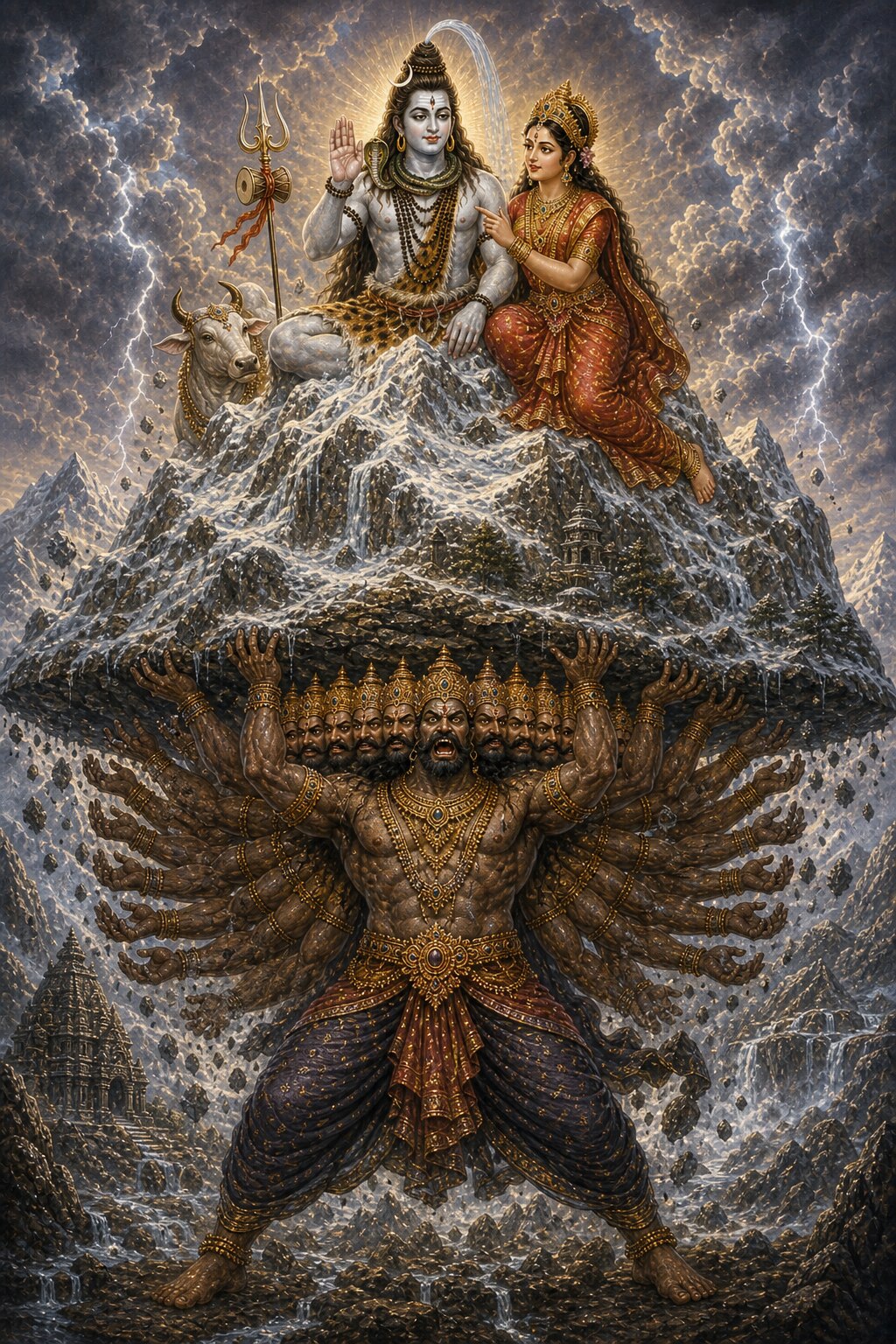 The mighty ten-faced, twenty-armed Ravana lifts snow-white Kailasa from below and shakes it; seated on the trembling peak between ash-white Shiva and golden Girija, Shiva raises his hand and curses the arrogant king of the rakshasas, that a hero who will crush the pride of his arms' strength will soon descend.