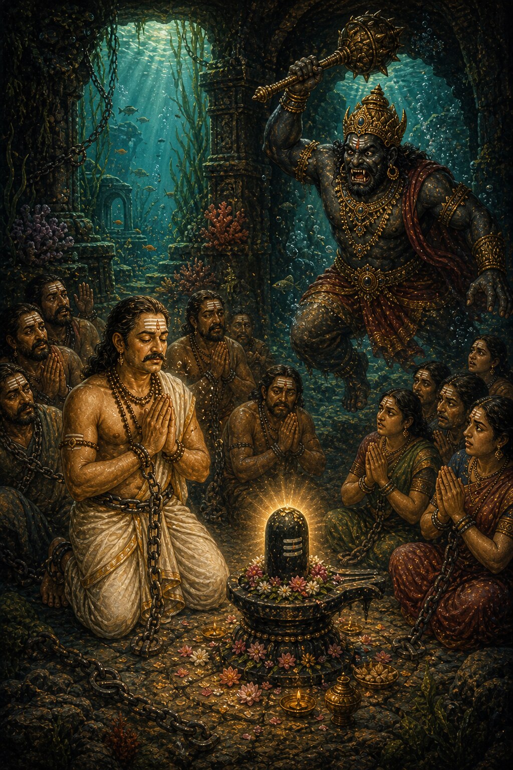 In the rakshasas' prison sunk beneath the sea, the vaishya Supriya, bound in chains and wearing sacred ash and rudraksha beads, meditates on Shiva with folded hands before a small Shivalinga alongside his fellow captives, when the black rakshasa Daruka, filled with rage, raises his mace and lunges to kill him.