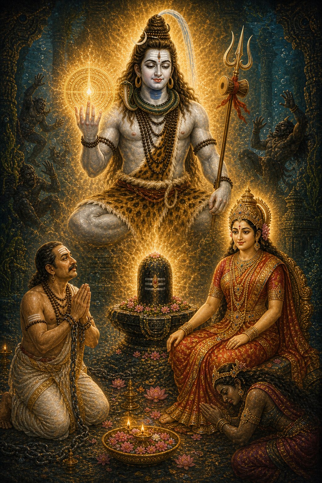 Ash-white Shiva appears bearing the glowing Pashupata weapon in his hand, drives off the chief rakshasas, and protects the trembling Supriya, who stands with folded hands; then he takes his seat as the Nageshwar jyotirlinga, golden Parvati sits nearby as the goddess Nageshwari, and the humbled rakshasi Daruka bows at their feet.