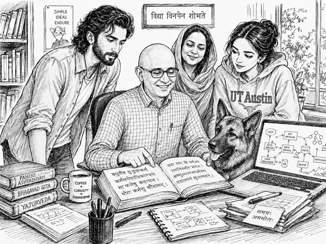 Pencil sketch of Rajiv Lulla at a study table with his son, wife, daughter and Leo the German Shepherd, among Panini, the Bhagavad Gita and Yajurveda and a laptop showing a microservices diagram, under the words Vidya Vinayena Shobhate