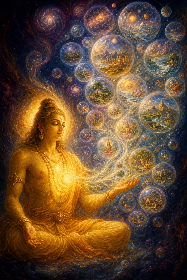 The solitary luminous Atman seated alone in formless pre-creation void, gazing at a translucent cosmos unfolding from its own body like clay becoming many pots, every world glowing as its own reflection.