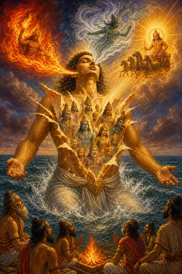 The radiant primordial cosmic Person (Purusha) drawn from the waters and heated by tapas, his limbs splitting open as devas burst forth: flame-Agni from his mouth, wind-Vayu from his nostrils, sun-Surya from his eyes.