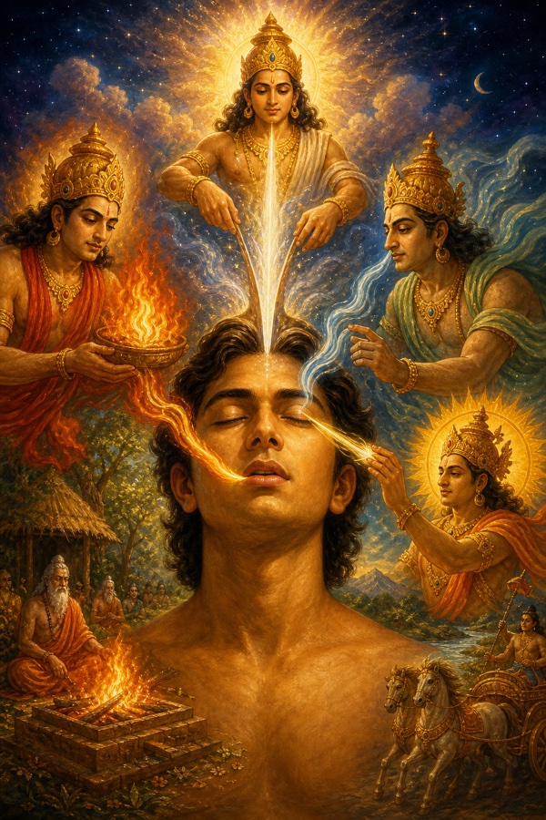 The devas descending into the newly-formed human body through its openings: Agni entering the mouth, Vayu the nostrils, Surya the eyes, with Atman itself parting the crown's seam to enter and dwell within.