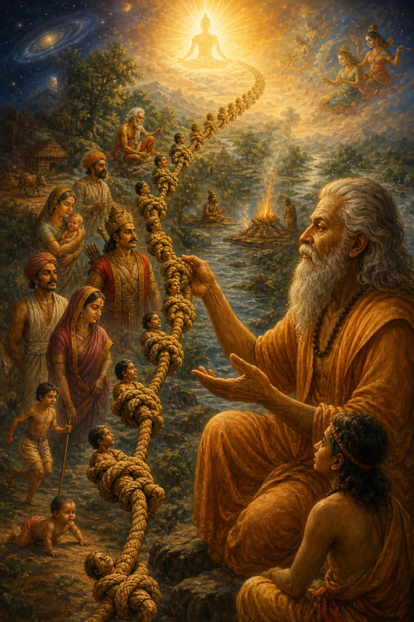 A long rope stretched across the frame tied with a hundred knots, each knot subtly shaped like a small human figure unaware it is the same rope, illustrating one consciousness bound in many name-forms.