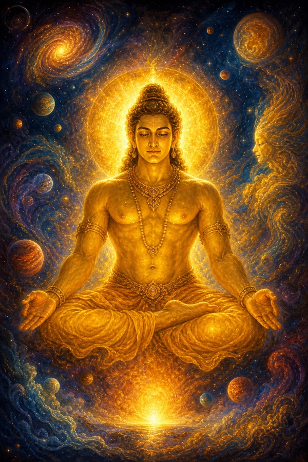 The primordial cosmic Purusha awakening alone in a luminous void before creation, a radiant golden anthropomorphic figure with eyes just opening, the first word 'I AM' glowing around him, classical Indian temple-mural style.
