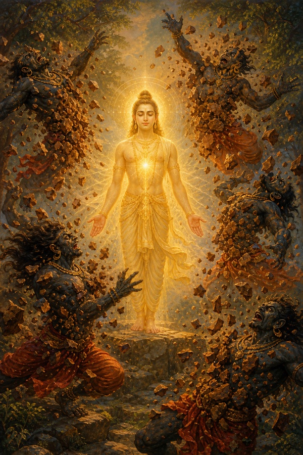 The dark asuras hurling themselves against the serene central life-breath (Mukhya Prana) personified as a steady glowing figure, shattering like a dry clay clod smashing on hard rock and scattering to dust in all directions.