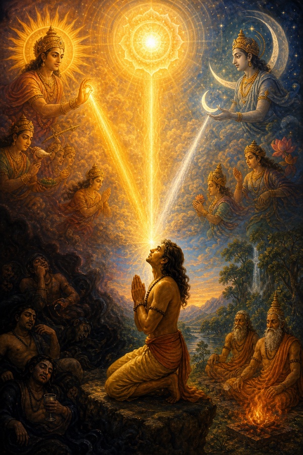 A seeker rising from shadow toward radiant dawn light, hands joined in prayer, the senses-deities (sun for eye, moon for mind) reconnecting to a single cosmic light overhead, illuminated-manuscript devotional style.