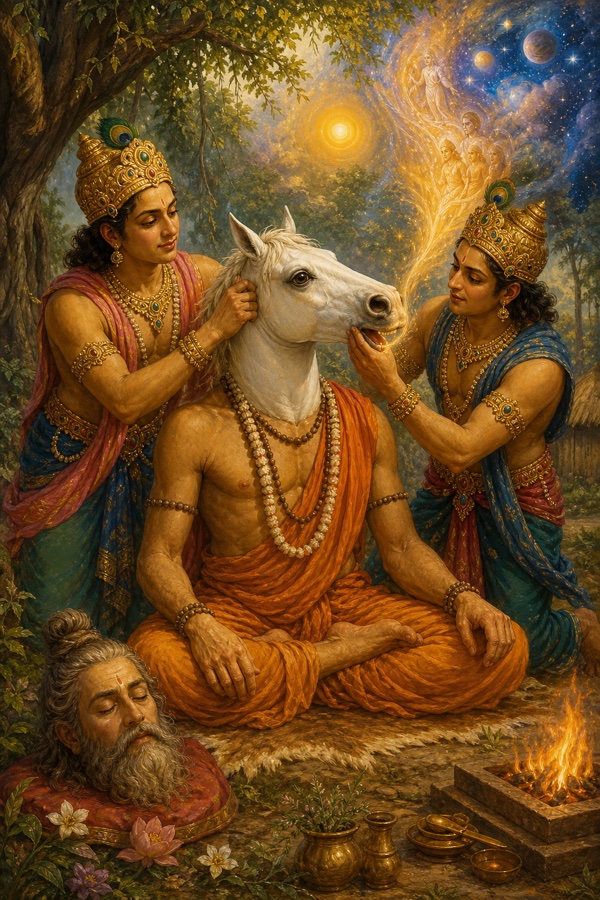 The twin Ashvini-Kumara physicians fitting a white horse's head onto the seated sage Dadhyan (Dadhichi) while his true human head rests safely aside, the horse-mouth about to speak the secret Madhu-vidya, jewel-toned classical painting.
